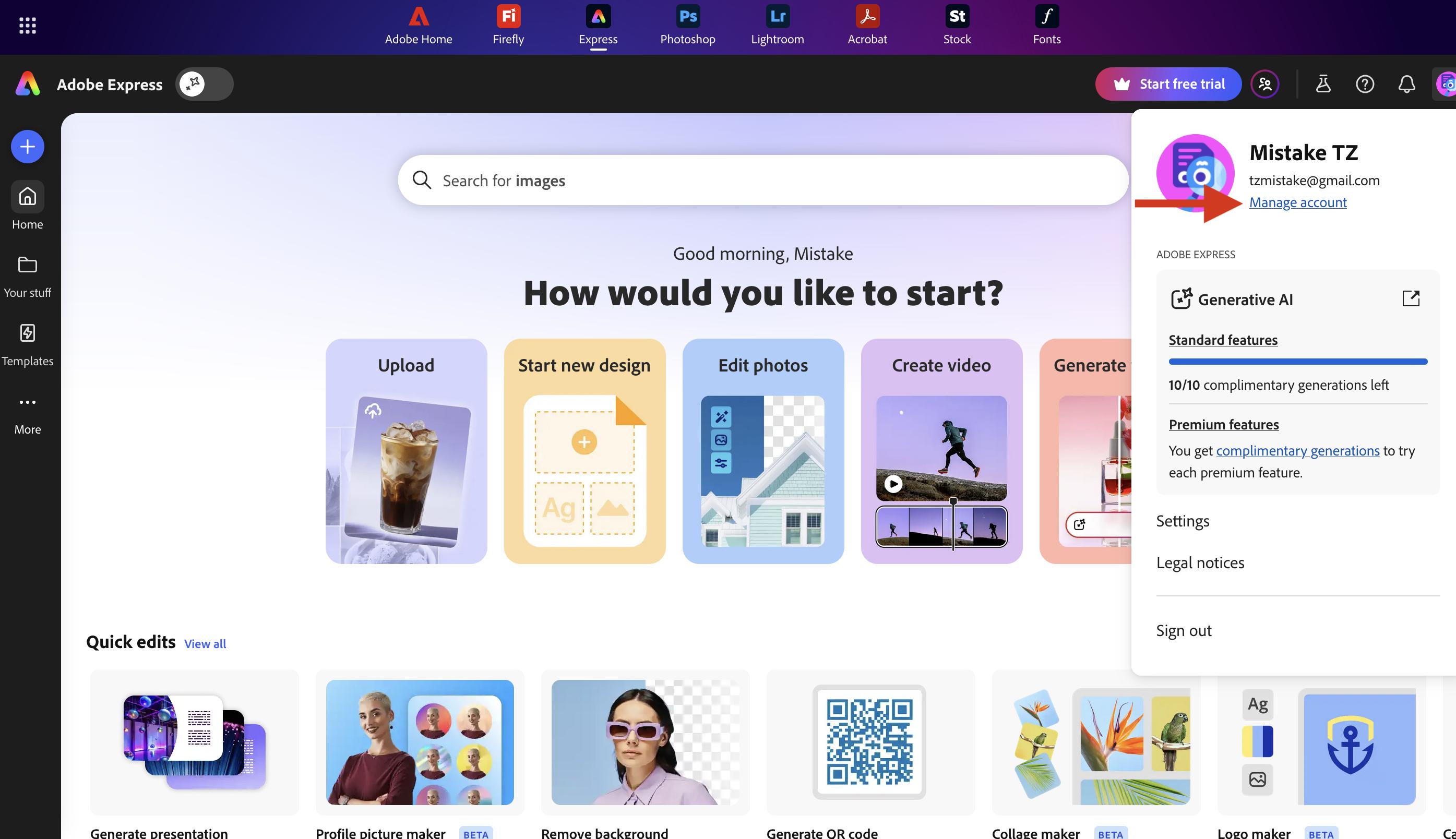 Profile menu